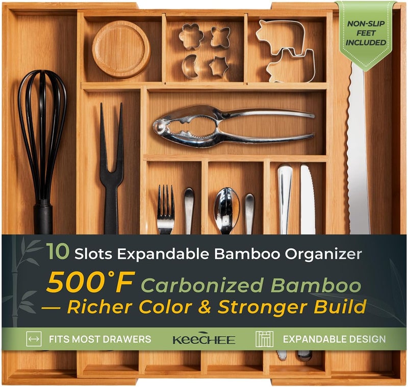 keechee Carbonized Bamboo Kitchen Drawer Organizer, 10 Slots Expandable Silverware Organizer, Utensil Holder & Cutlery Tray, 2.2" Deep for Extra Capacity, Non-Slip Feet Included - Image 1
